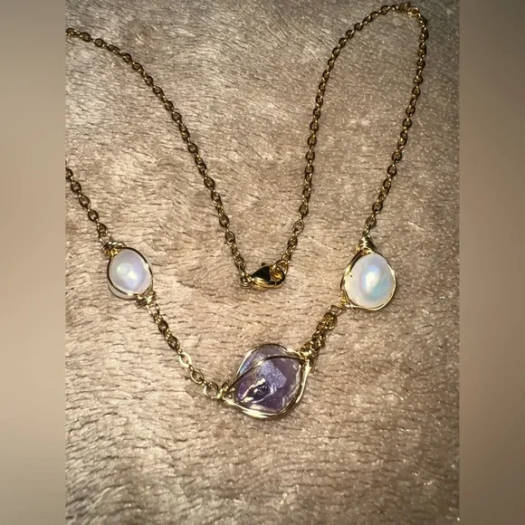 🌊Custom Aura Amethyst & Pearl Choker (15") - Picture 4 of 14